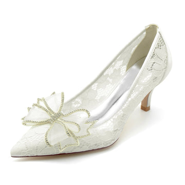 Women's Wedding Shoes Lace Bow Mid Pointed Toe Minimalist Bridal Shoes