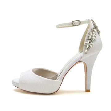 Women's Wedding Shoes Glitter Peep Toe High Heel Rhinestone Buckle Bridal Shoes