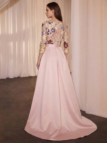 A-Line/Princess Cocktail Dress Floral Formal Dress Scoop 3/4 Sleeves Asymmetrical with Appliques Lace