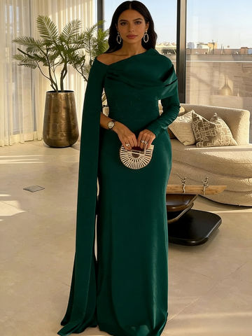 Trumpet/Mermaid Evening Dresses Floor Length Long Sleeves Silk Like Satin Mother Of The Bride Dress Christmas Party Dress