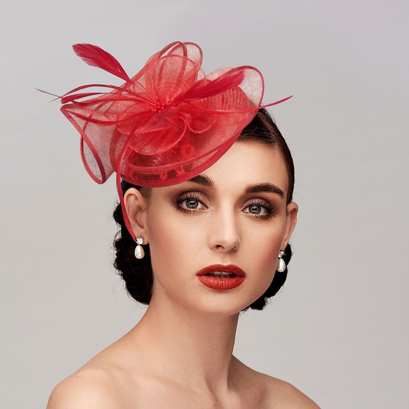 Women's Burgundy Net Wedding Party Ladies Day Feather Headpiece/Fascinator