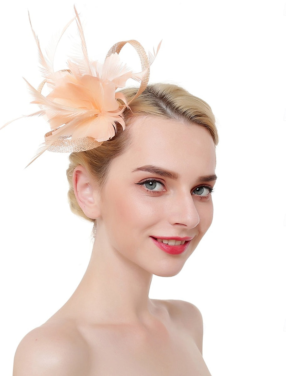 Luxury Organza Fedora Hat Horse Race Simple Feather Pure Color Headpiece/Veil Hat