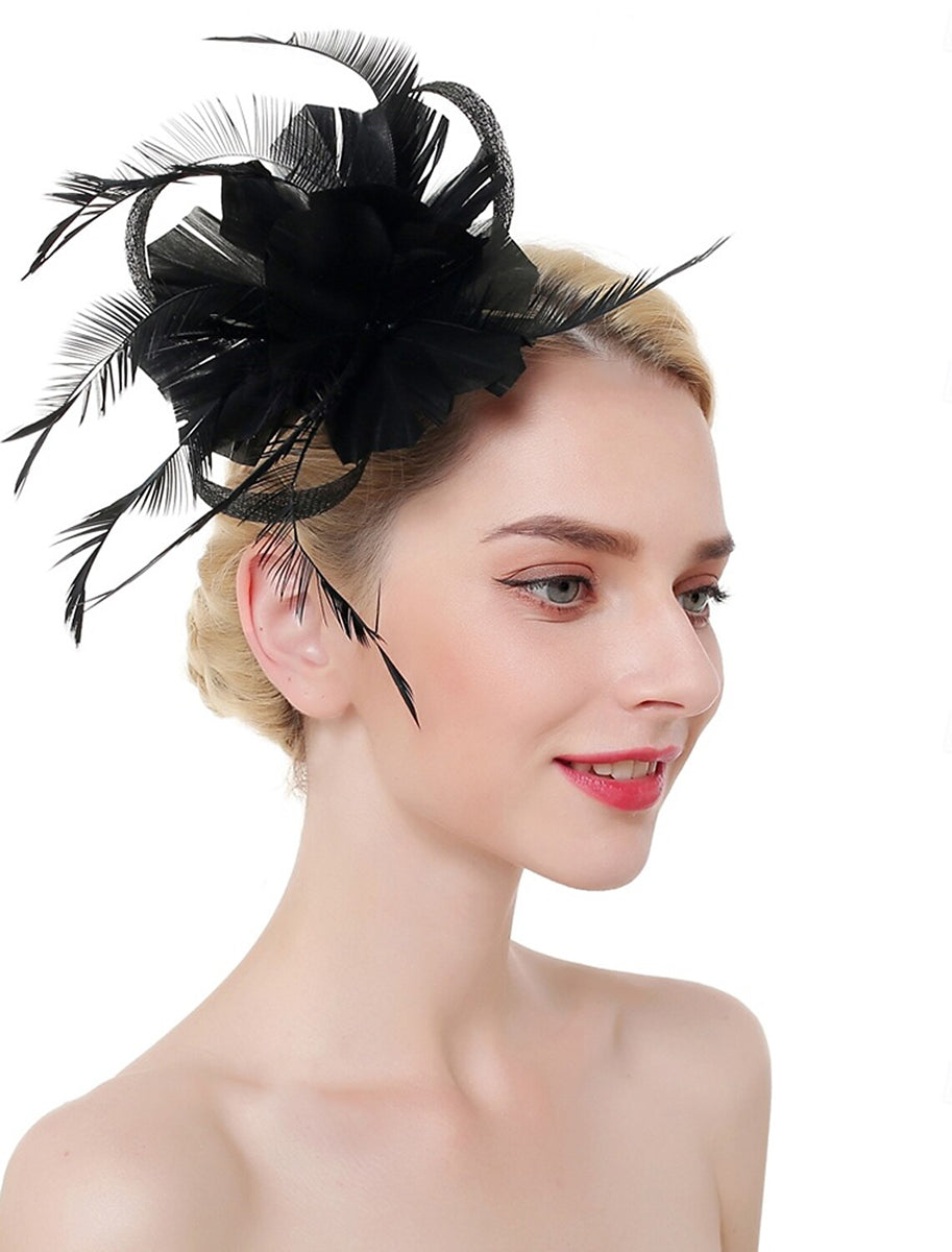 Luxury Organza Fedora Hat Horse Race Simple Feather Pure Color Headpiece/Veil Hat