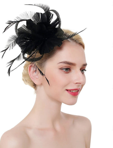Luxury Organza Fedora Hat Horse Race Simple Feather Pure Color Headpiece/Veil Hat