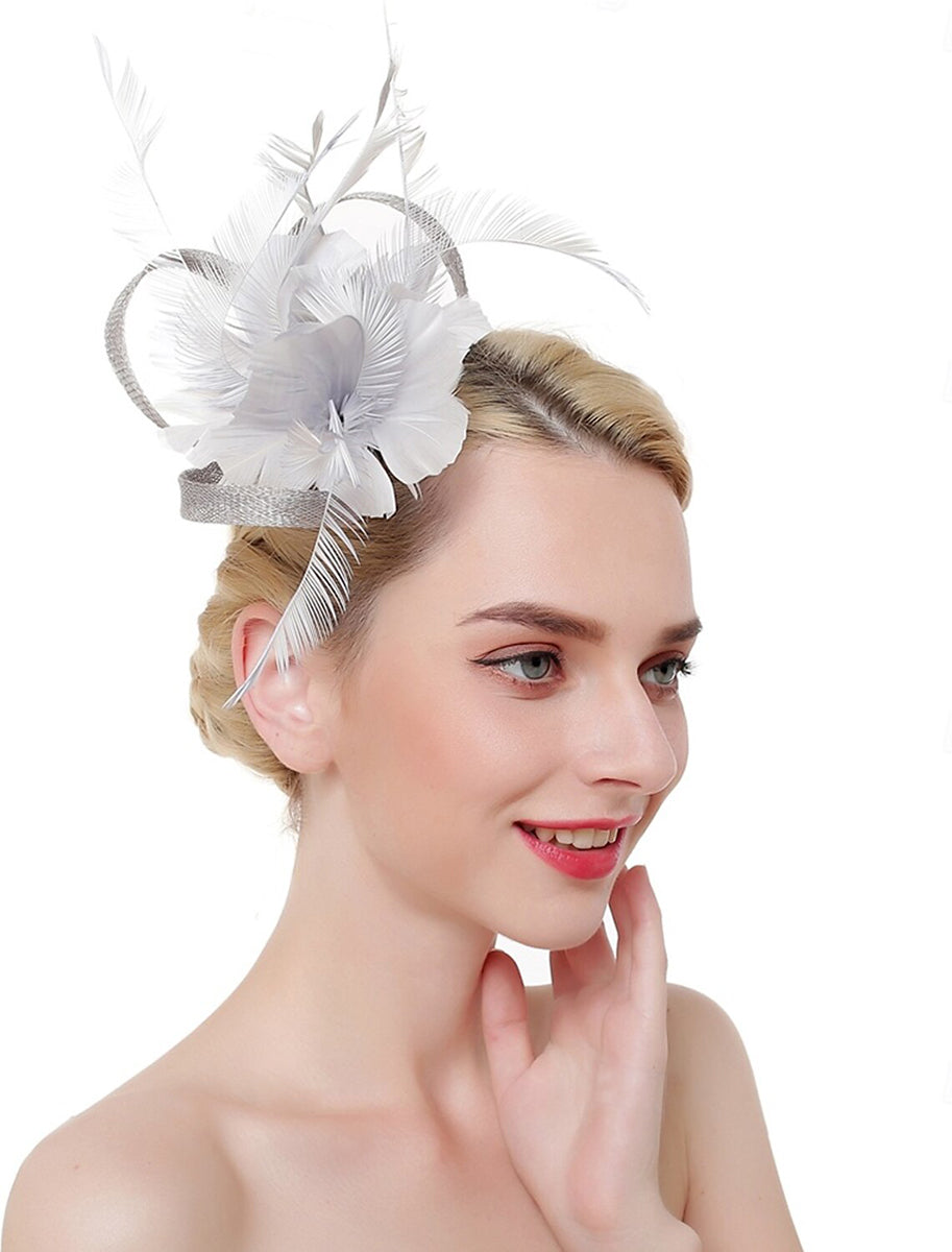 Luxury Organza Fedora Hat Horse Race Simple Feather Pure Color Headpiece/Veil Hat