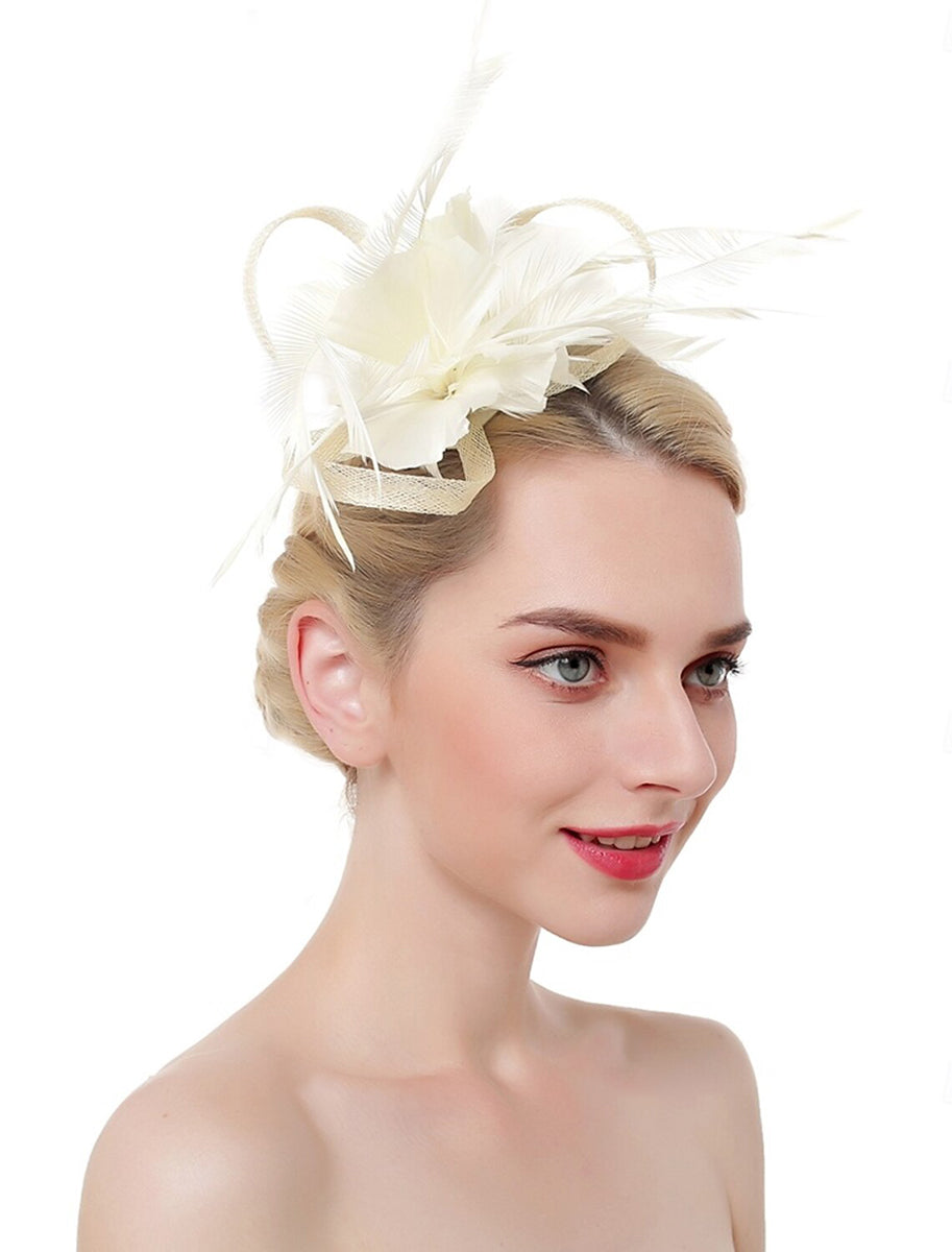 Luxury Organza Fedora Hat Horse Race Simple Feather Pure Color Headpiece/Veil Hat