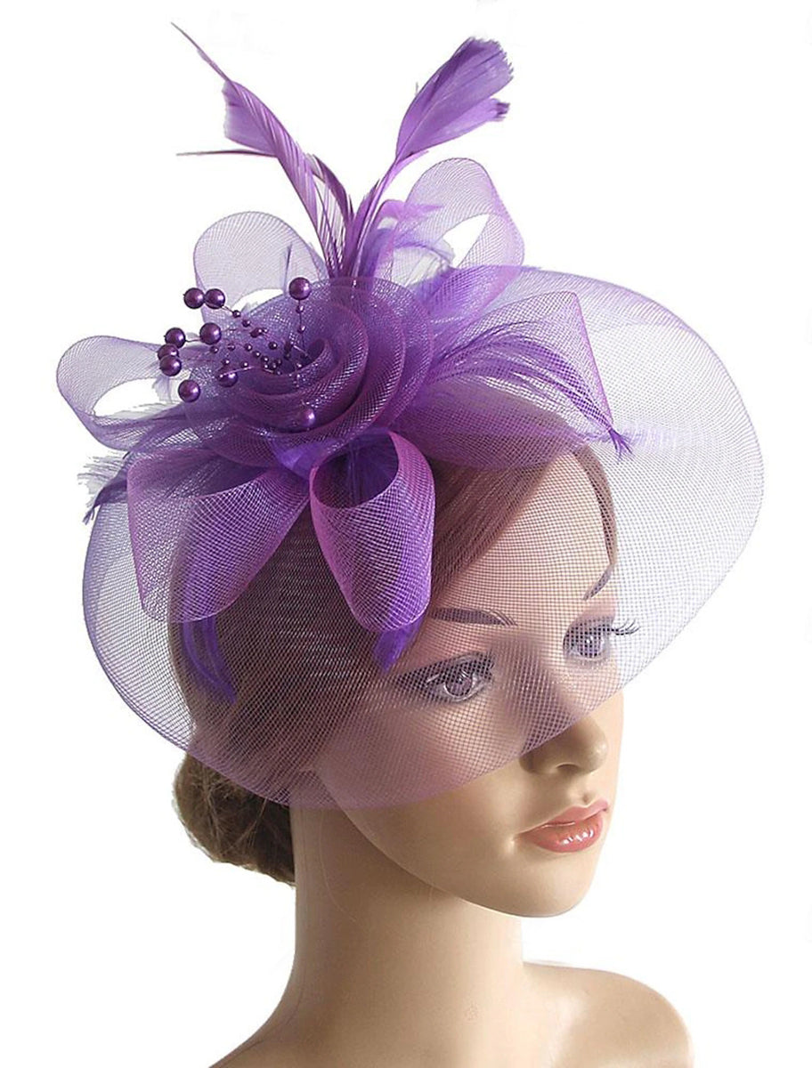 Vintage Organza Horse Race Cocktail Party Feather Veil Hat/Headpiece With Bow