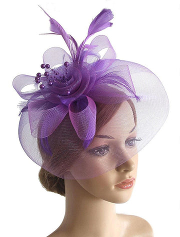 Vintage Organza Horse Race Cocktail Party Feather Veil Hat/Headpiece With Bow