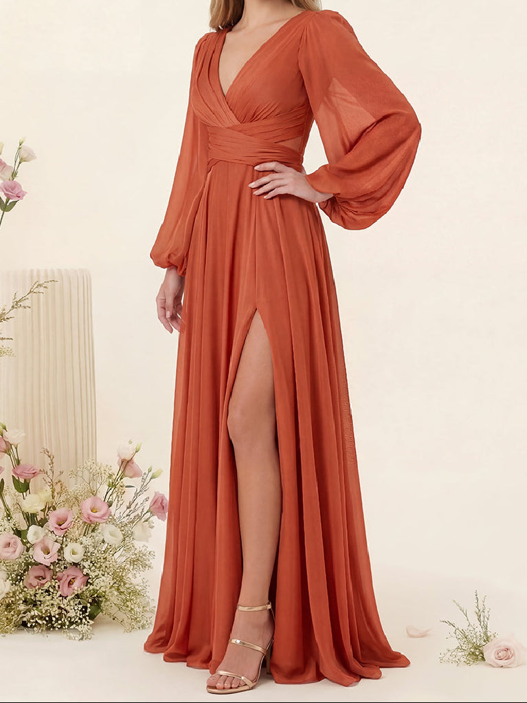 A-Line/Princess V-Neck Long Sleeves Floor Length Bridesmaid Dresses with Split Side