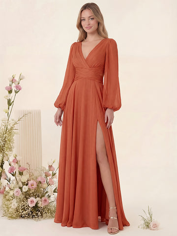 A-Line/Princess V-Neck Long Sleeves Floor Length Bridesmaid Dresses with Split Side