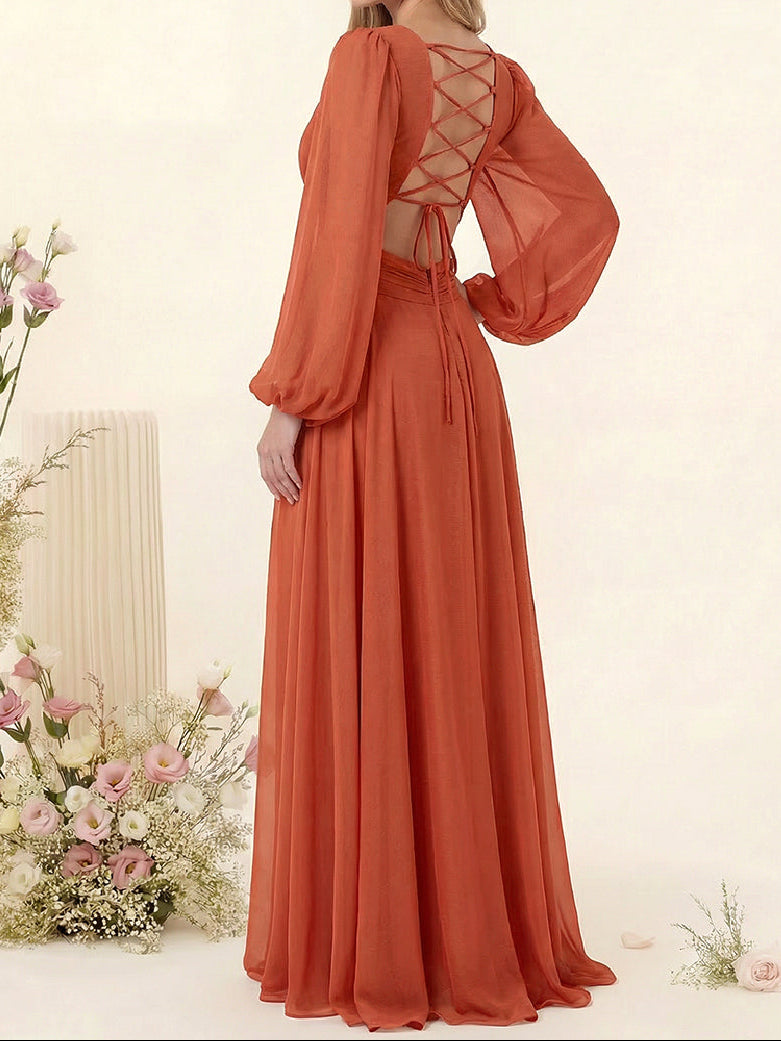 A-Line/Princess V-Neck Long Sleeves Floor Length Bridesmaid Dresses with Split Side