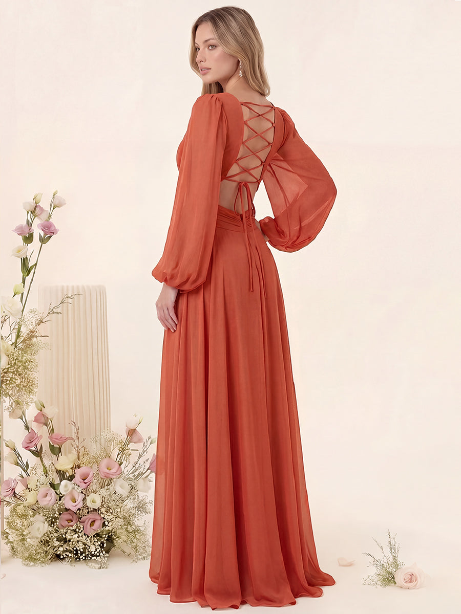 A-Line/Princess V-Neck Long Sleeves Floor Length Bridesmaid Dresses with Split Side