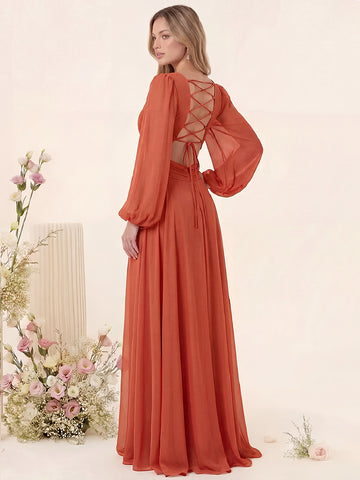 A-Line/Princess V-Neck Long Sleeves Floor Length Bridesmaid Dresses with Split Side