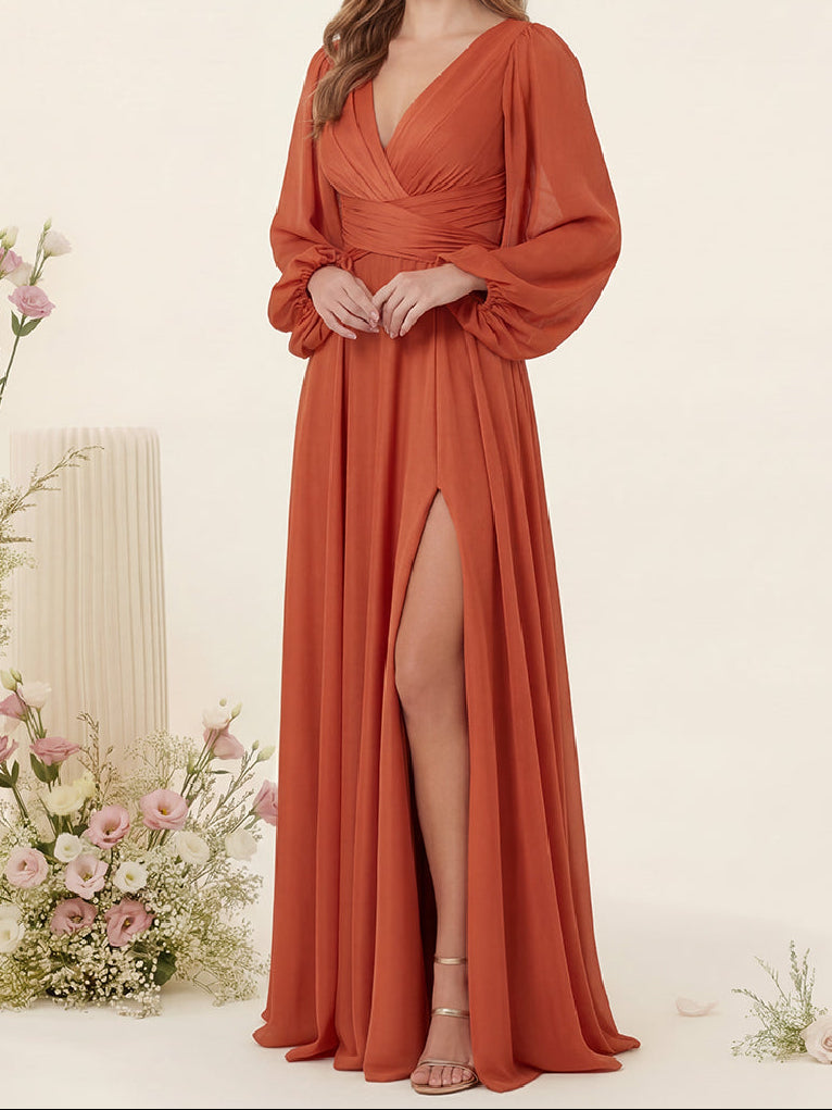 A-Line/Princess V-Neck Long Sleeves Floor Length Bridesmaid Dresses with Split Side
