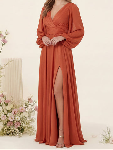 A-Line/Princess V-Neck Long Sleeves Floor Length Bridesmaid Dresses with Split Side