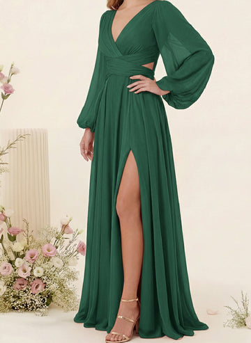A-Line/Princess V-Neck Long Sleeves Floor Length Bridesmaid Dresses with Split Side
