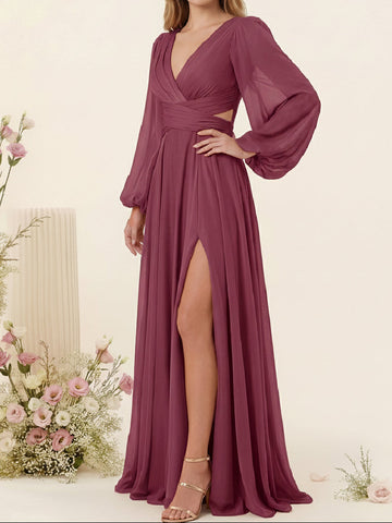 A-Line/Princess V-Neck Long Sleeves Floor Length Bridesmaid Dresses with Split Side