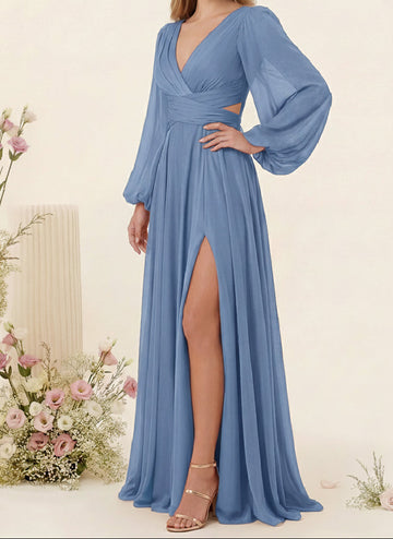 A-Line/Princess V-Neck Long Sleeves Floor Length Bridesmaid Dresses with Split Side