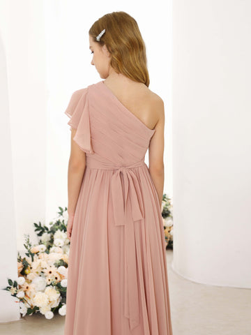 A-Line/Princess Chiffon Short Sleeves One-shoulder Asymmetrical  Flower Girl Dresses