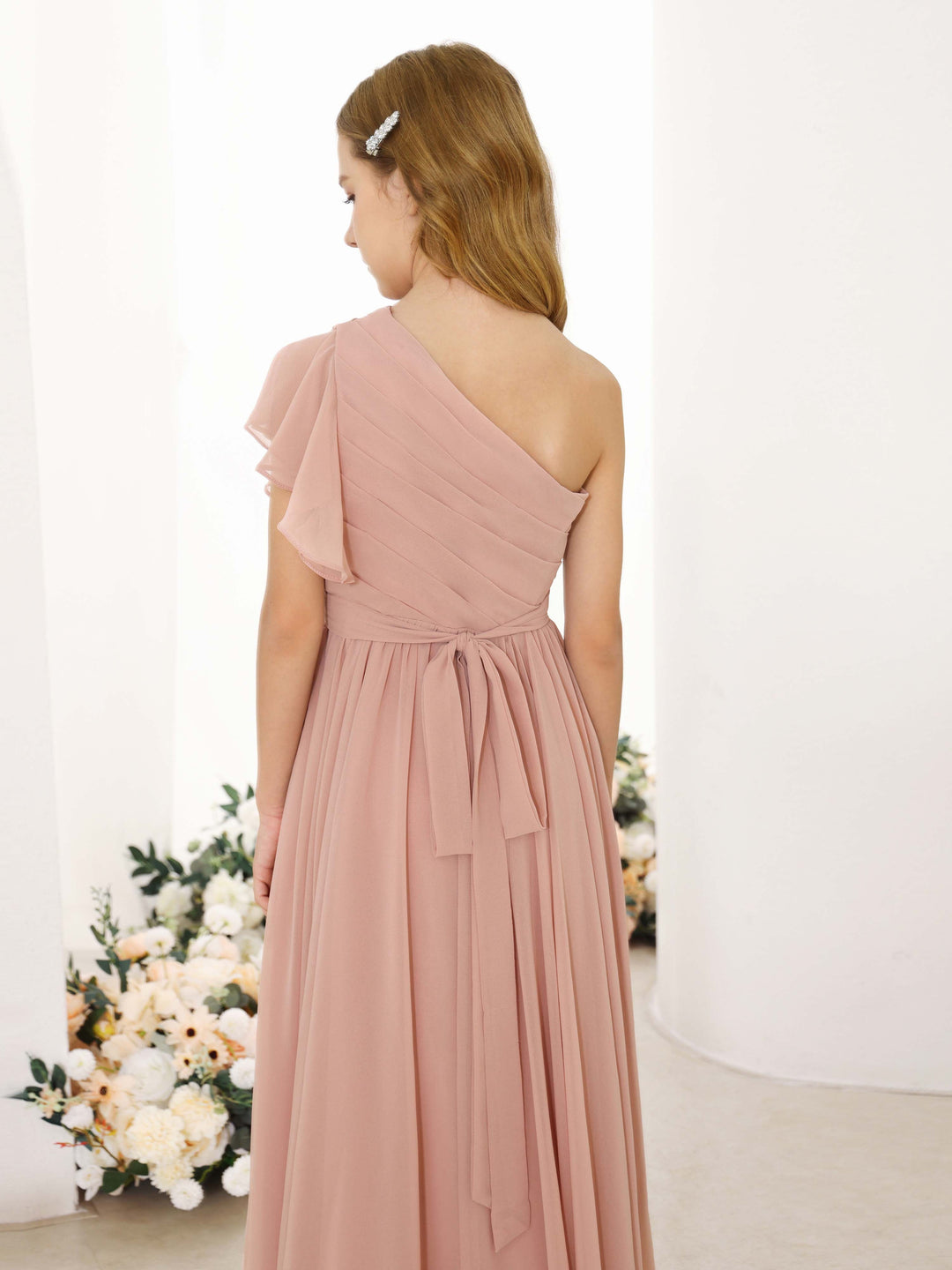 A-Line/Princess Chiffon Short Sleeves One-shoulder Asymmetrical  Flower Girl Dresses