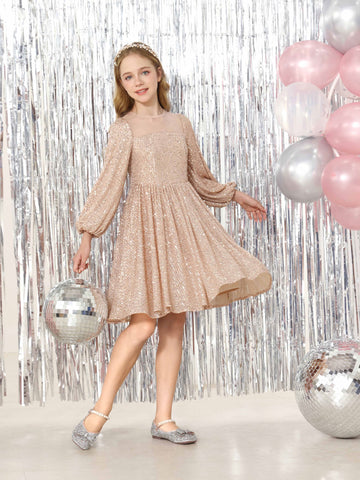 A-Line/Princess Sequin  Long Sleeves Scoop Neck Knee-Length Flower Girl Dresses