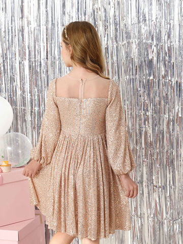 A-Line/Princess Sequin  Long Sleeves Scoop Neck Knee-Length Flower Girl Dresses