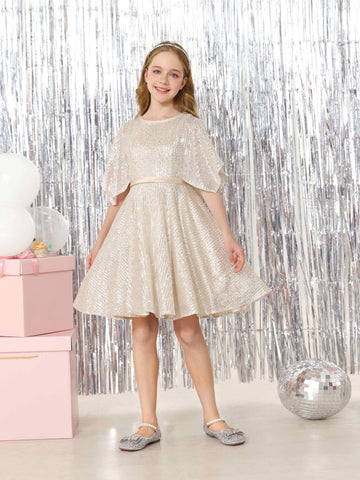 A-Line/Princess Sequin  Half Sleeves Scoop Neck Mini Flower Girl Dresses