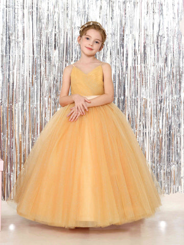 Ball-Gown Tulle Sleeveless V-Neck Floor-Length Flower Girl Dresses