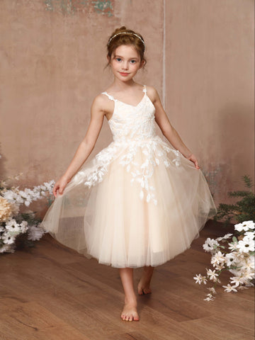 A-Line/Princess Lace Sleeveless V-Neck Tea-Length Flower Girl Dresses