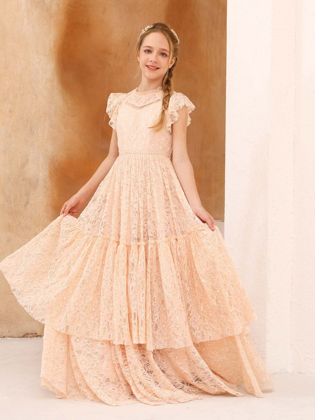 A-Line/Princess Lace Short Sleeves Scoop Neck Floor-Length Flower Girl Dresses
