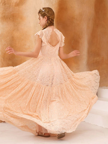 A-Line/Princess Lace Short Sleeves Scoop Neck Floor-Length Flower Girl Dresses