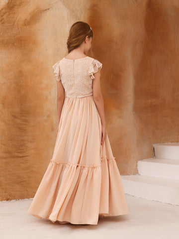 A-Line/Princess Lace Short Sleeves Scoop Neck Floor-Length Flower Girl Dresses