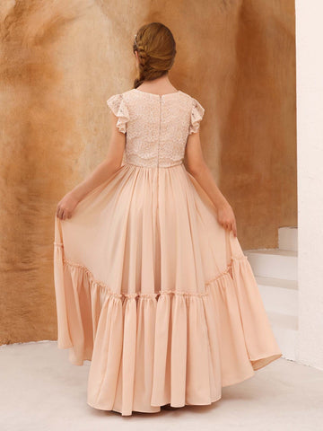 A-Line/Princess Lace Short Sleeves Scoop Neck Floor-Length Flower Girl Dresses