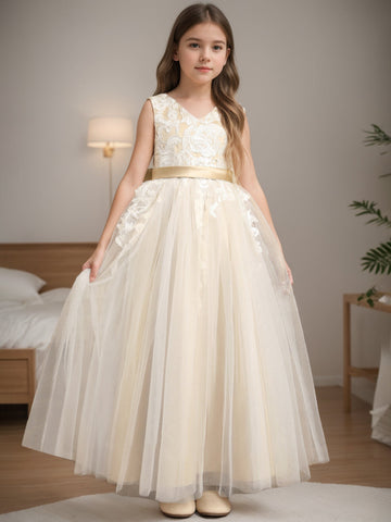 A-Line/Princess V-Neck Sleeveless Floor-Length Flower Girl Dress with Bowknot