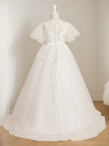 Ball-Gown Jewel Neck Short Sleeves Floor-Length Flower Girl Dress with Lace