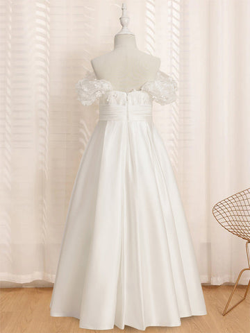 A-Line/Princess Off-the-Shoulder Short Sleeves Floor-Length Flower Girl Dress with Ruffles