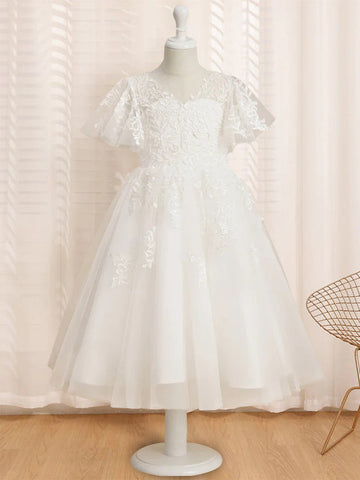 A-Line/Princess V-Neck Short Sleeves Tea-Length Flower Girl Dress with Lace