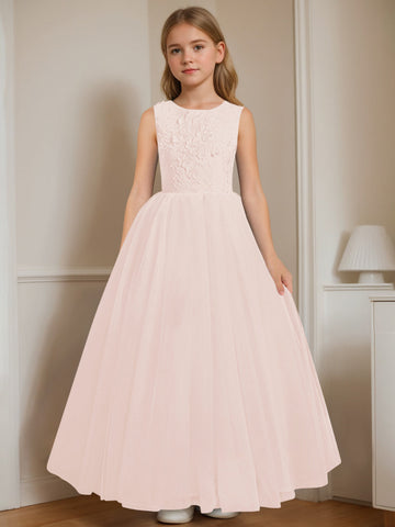 A-Line/Princess Round Neck Sleeveless Floor-Length Flower Girl Dress with Appliques