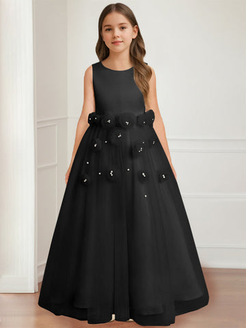A-Line/Princess Round Neck Sleeveless Floor-Length Flower Girl Dress with 3D floral pattern