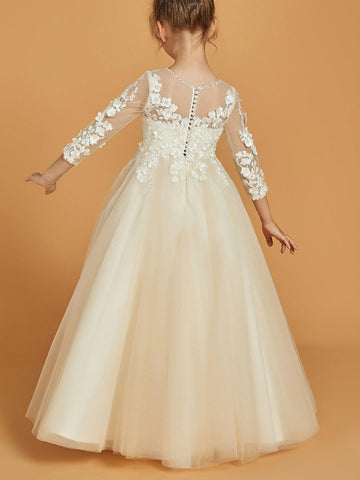 A-Line/Princess Scoop 3/4 Sleeves Flower Girl Dresses with Appliques & Pearl