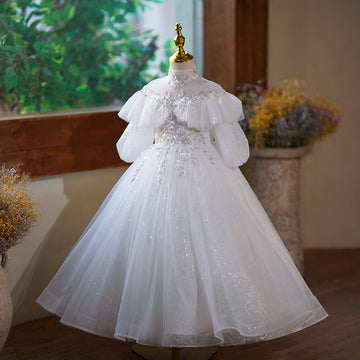 Half Sleeves High Neck A-Line/Princess Flower Girl Dress with Rhinestone Appliques