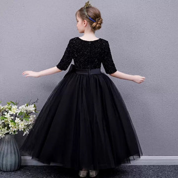 Long Sleeves Floor Length  Round Neck A-Line/Princess Girl Party Dress with Bow