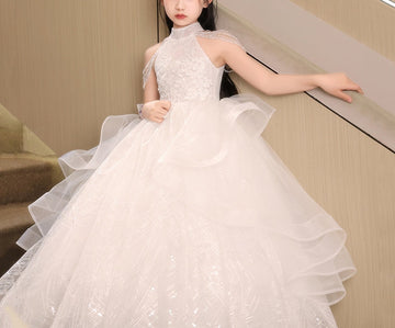 Ball Gown Halter Floor Length Girl Party Dresses with Beading Flower Appliques