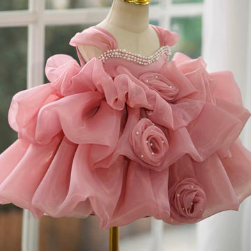 Ball Gown Sleeveless Knee-Length Baby Girl Party Dress with Ruched Flowers
