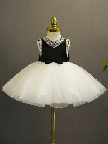 Ball Gown Sleeveless Knee-Length Baby Girl Party Dress with Bow & Rhinestones