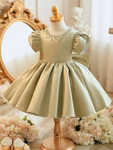 Beaded Round Neck Short Sleeves Knee-Length Baby Girl Party Dress with Bow