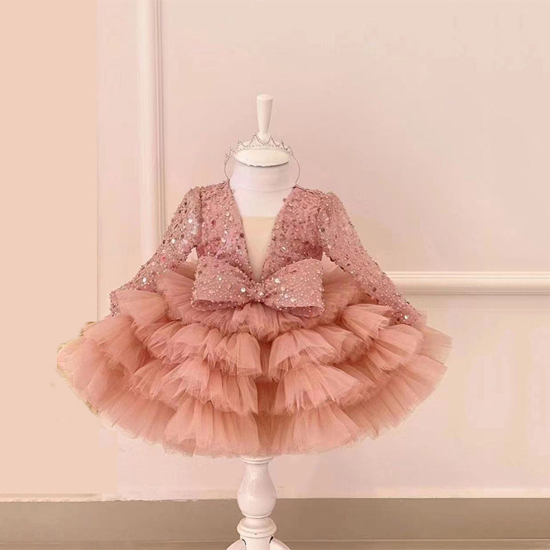 Ball Gown Square Neck Long Sleeves Sparkling Sequins Flower Girl Dress with Ruffles & Bow