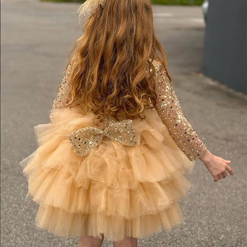 Ball Gown Square Neck Long Sleeves Sparkling Sequins Flower Girl Dress with Ruffles & Bow