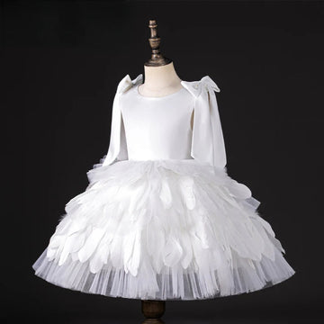 A-Line/Princess Round Neck Sleeveless Elegant White Flower Girl Dress with Feathers & Bow