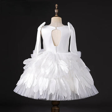 A-Line/Princess Round Neck Sleeveless Elegant White Flower Girl Dress with Feathers & Bow